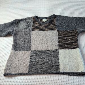 Cousin Johnny Patchwork Knit Sweater - Black, Gray, Cream Wool Blend